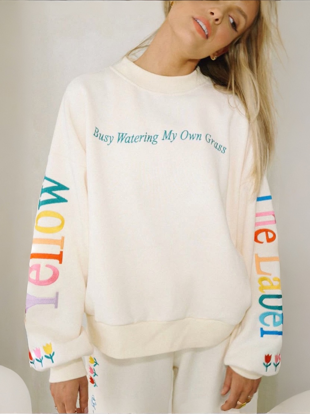 Yellow The Label Watering My Own Grass Embroidered Sweatshirt | Cream | Large